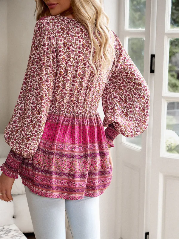 Spring Floral Print Flowy Blouse | Long Sleeve Tie-Front Top