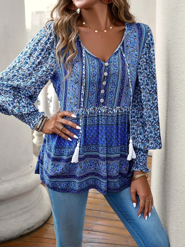 Spring Floral Print Flowy Blouse | Long Sleeve Tie-Front Top