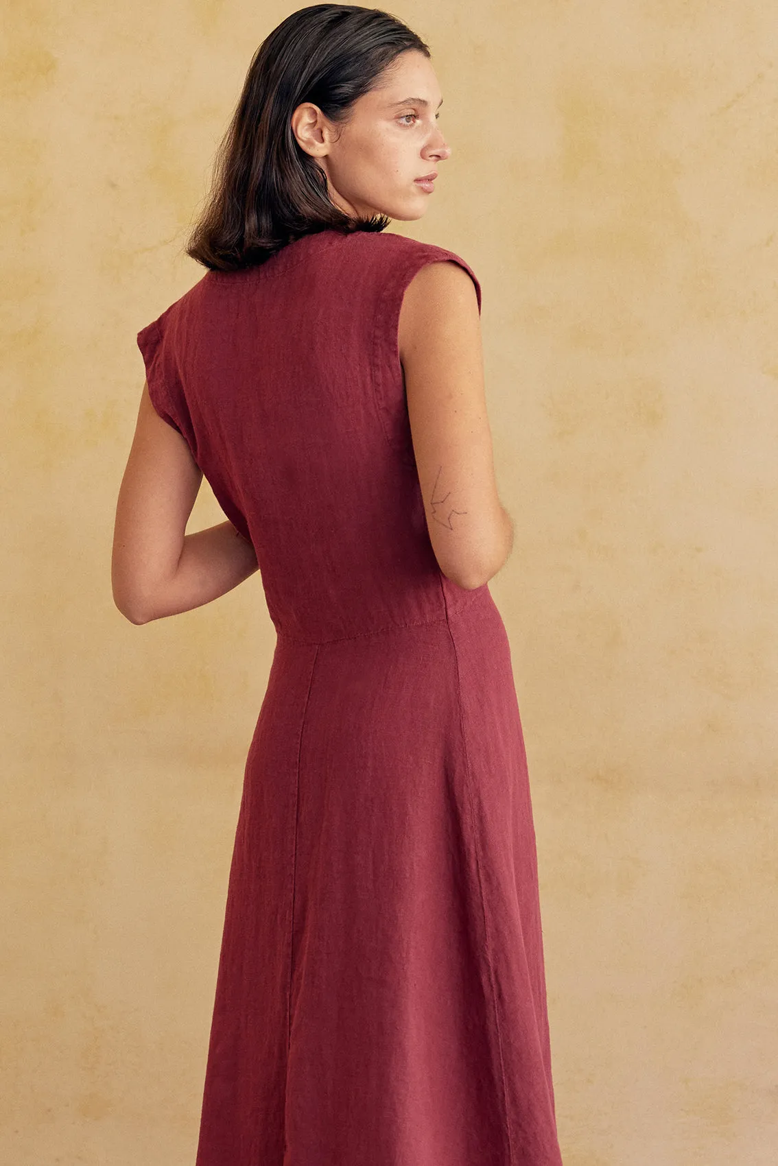 V-Neck Relaxed Dress Washed Linen - Berry