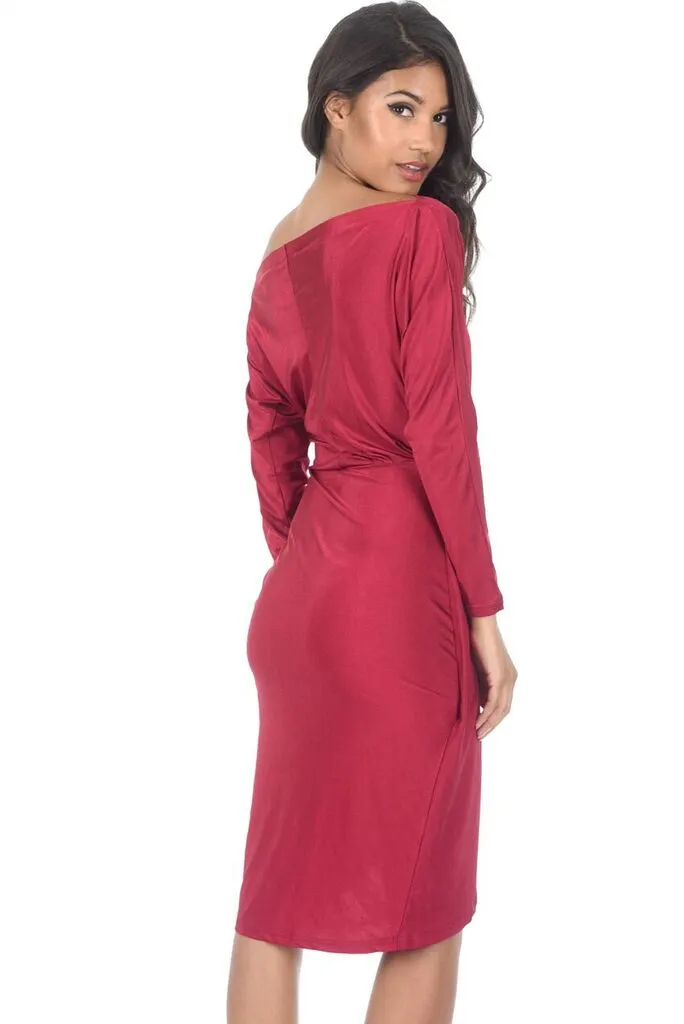 Wine Relaxed Shoulder Wrap Midi Dress