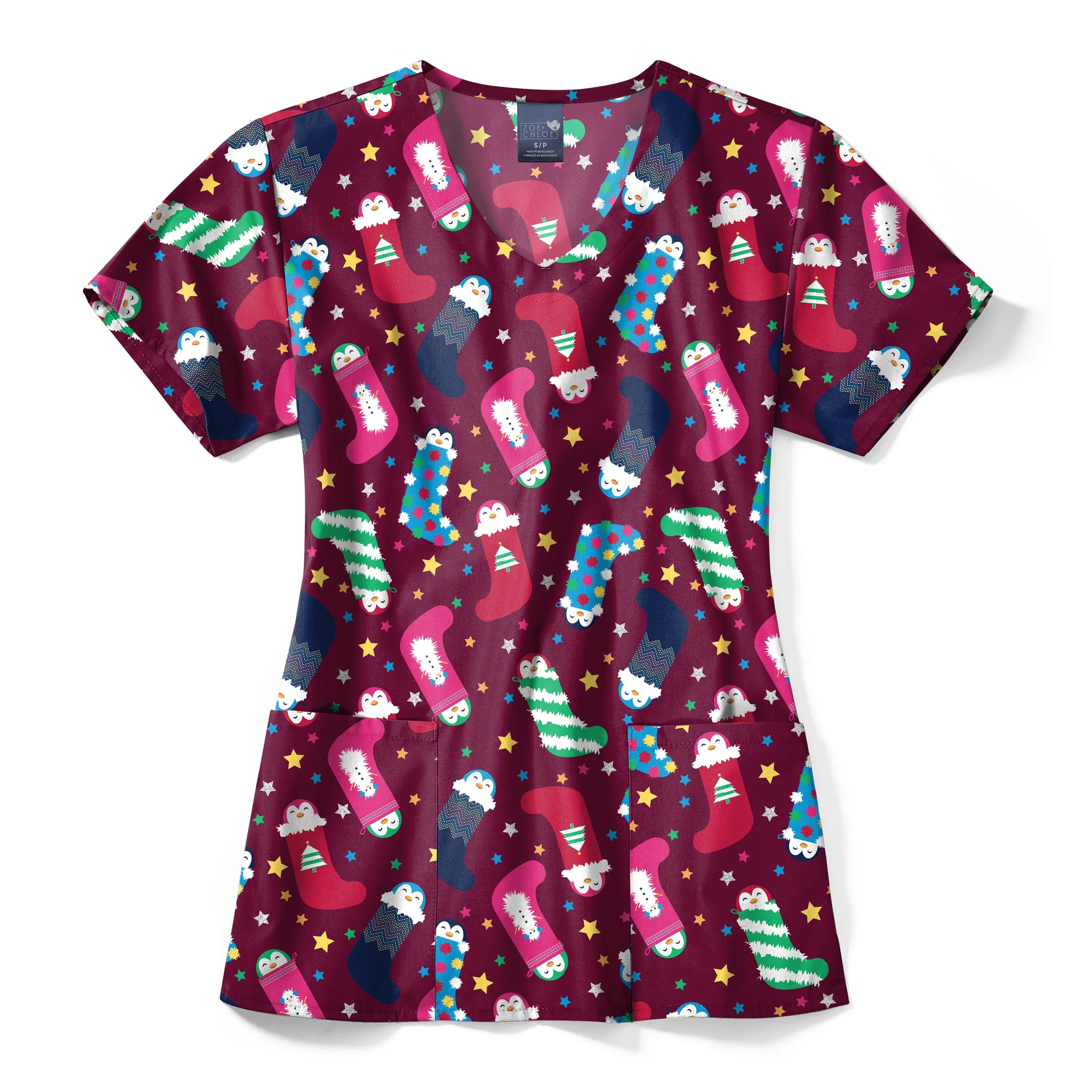 Zoe Chloe Performance V-Neck Print Scrub Top - Penguin Pals